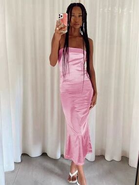 Princess Polly Pink Satin Strapless Midi Dress S